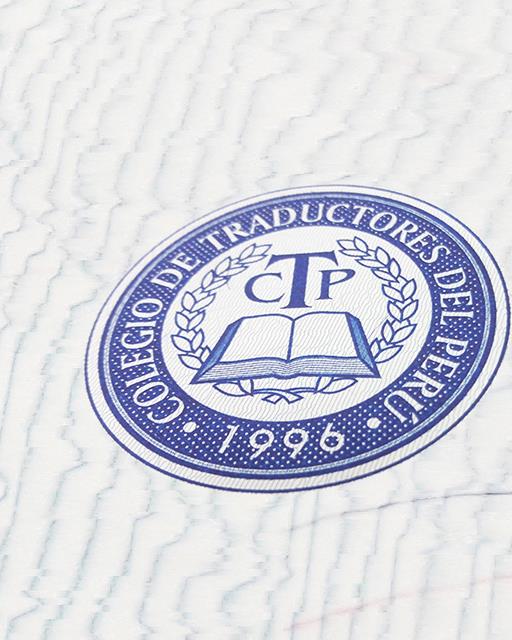 Sello oficial del Colegio de Traductores del Perú sobre documento certificado